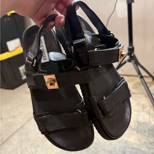 Steve Madden Black Leather Sandals with Gold Buckle